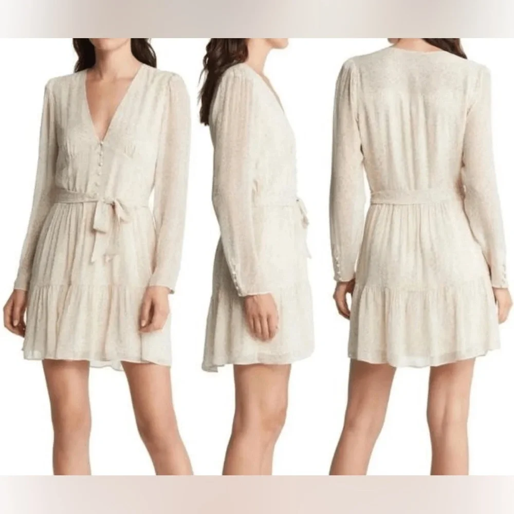 PAIGE Truett Ruffle Long Sleeve Silk Dress Cream Dress, waist tie missing - Picture 2 of 10